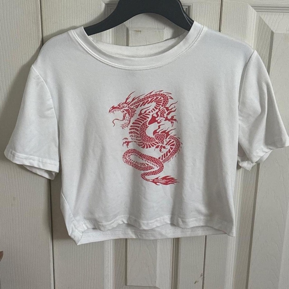 SHEIN White Crop Tee with Red Dragon Print